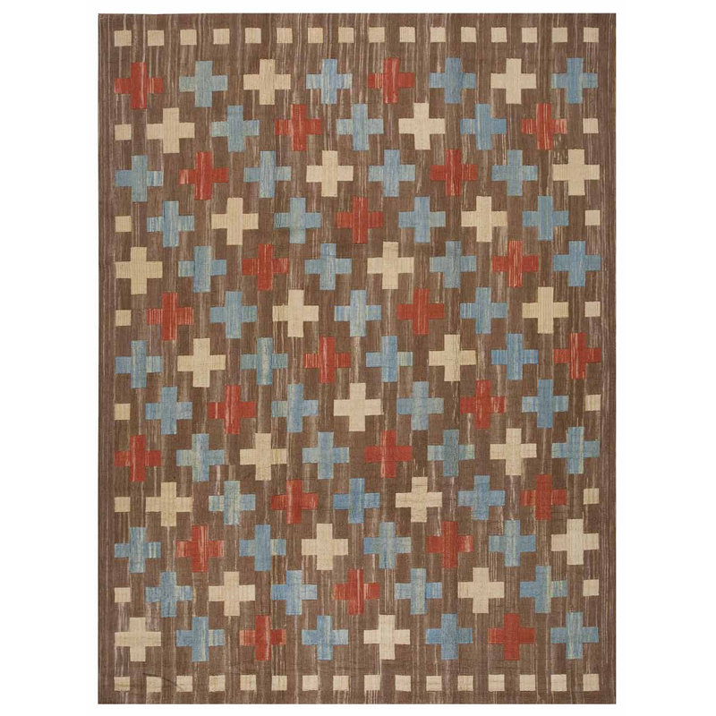 Tapis unique en laine noué à la main brun, rouge et bleu de 9 pi x 12 pi