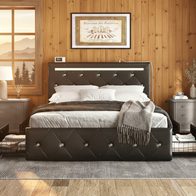 Black Full Size Bed Frame With Led , 4 Storage Drawers, Adjustable Headboard, And Charging Station - A Modern Functional Bedroom Furniture For Comfortable Bedrooms Diamond Crystal Button, Headboard