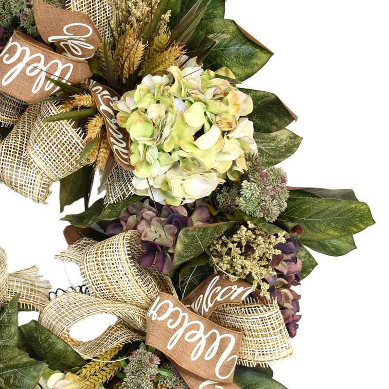 29" Magnolia Leaf Wreath With Assorted Hydrangeas, Heather And Ribbon