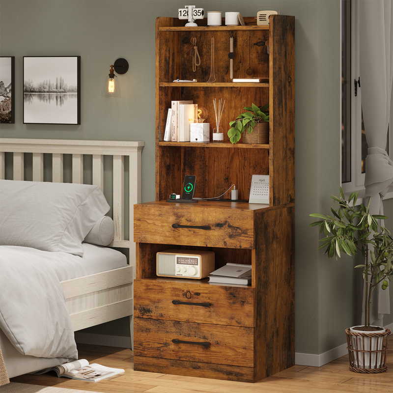 Manech 51.8" Tall Nightstand with Charging Station and LED Lights for Bedroom, Child's Room, Rustic Brown, Brown
