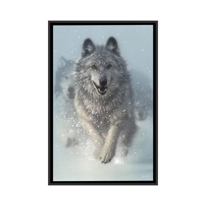 Chasse-neige - loups qui courent, vertical, H 26 po x l 18 po x P 1,5 po, Toile avec cadre noir