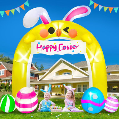 10 pi décorations extérieures de Pâques gonflables, arche de poussins gonflables avec oreilles de lapin et œufs, décoration de cour, lumières à DEL intégrées pour les fêtes à l'intérieur ou à l'extérieur de la pelouse