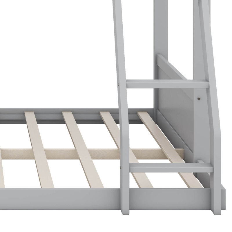 Bunk Bed With Chic Rattan Aesthetics, Bunk Bed Frame With Storage Bookshelf And LED Lighting, Gray