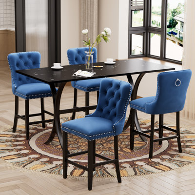 Modern Bar Table Set, 63" Rectangular MDF Faux Marble Top Bar Table With Velvet Upholstered Bar Stools