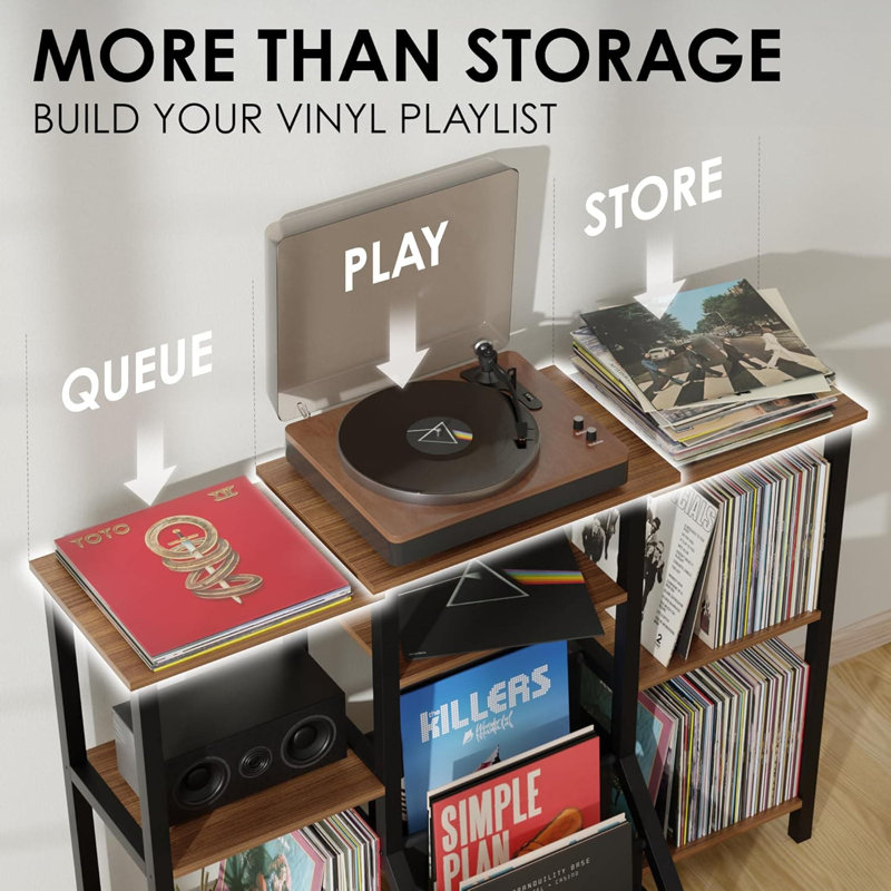 REVOLV 36-Inch Tall Record Player Stand With Vinyl Storage For 300+ Records - Heavy-Duty 700+ Lb Capacity Turntable Stand With 3-Tier Shelf Design And Front Album Display