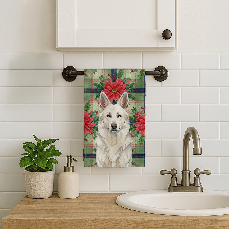 White German Shepherd Christmas PoinsettIas Kitchen Towel, White German Shepherd