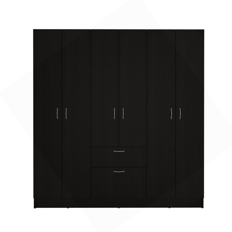 Armoire à six portes Mitu, sept tablettes intérieures, un tiroir, tringle noire / blanche, Noir