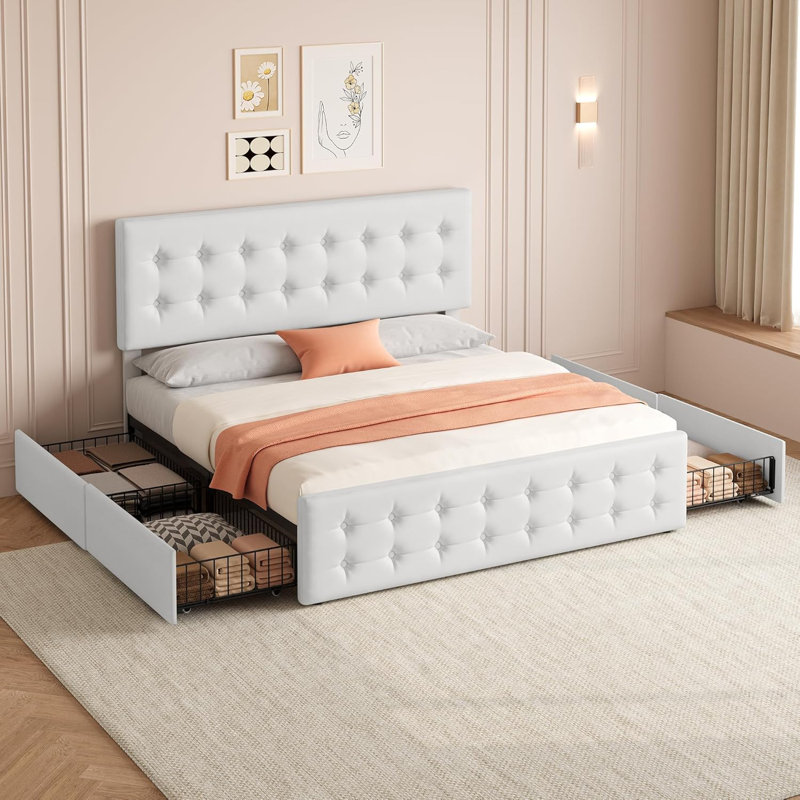 King Size Bed Frame with 4 Storage Drawers and Headboard Faux Leather Upholstered Platform Bed Frame with Wooden Slats Support Button Tufted Design No Box Spring Needed White