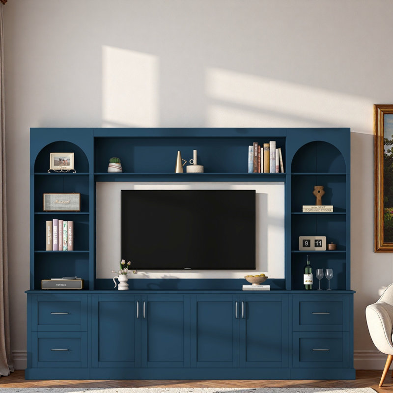 Meuble audio-vidéo arqué moderne avec tiroirs, grandes armoires, tablettes réglables, présentoir et trous pour câbles, Blue