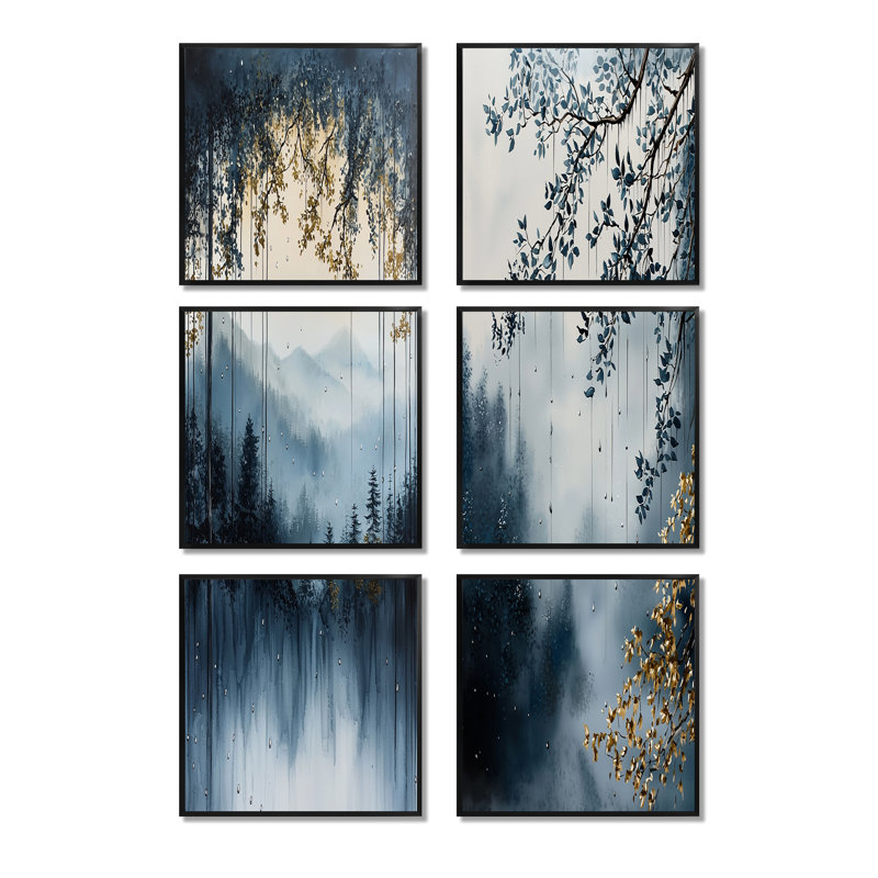 Forêt bleue et dorée après-midi pluvieux - ensemble de 6 impressions sur toile forêt, Impression encadrée sans passe-partout