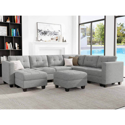 Ashbury Ivery 116.6" Wide Linen Reversible Modular Sofa Living room Sectional Couch with Storage Ottoman