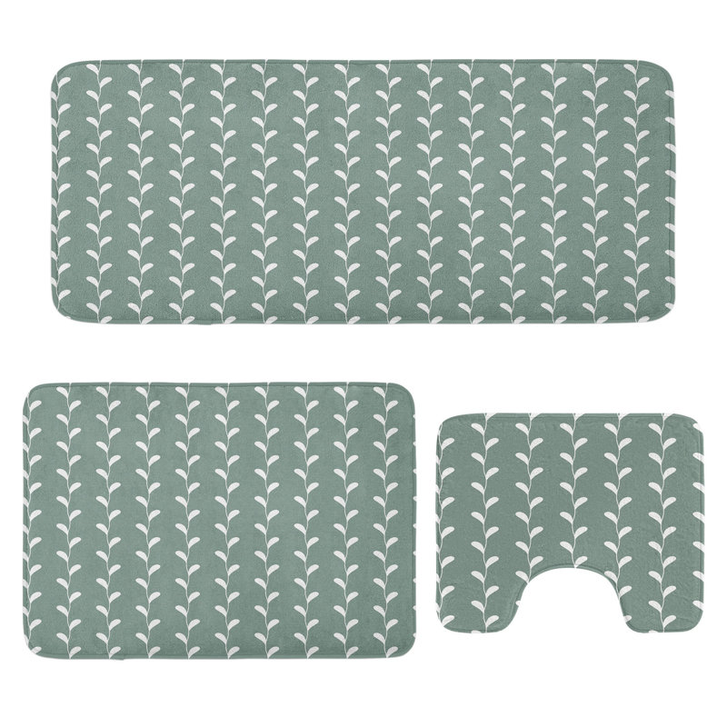  Abstract Bathroom Rug Set 3 Pieces U-Shape & Rectangle Mats Pale Sage Green White
