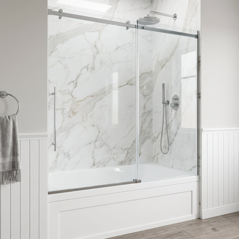 Porte de baignoire coulissante sans cadre avec verre transparent 3/8 po l 56-60 po x H 58 po Luca, Chrome