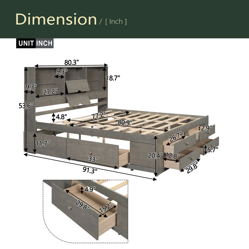 Lit plateforme avec tête de lit avec rangement et 8 tiroirs, Gris, Très grand lit