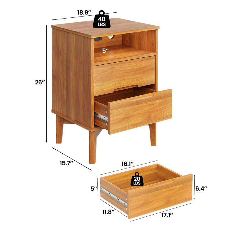  Mid-Century Modern Nightstand with Open Shelf and Charging Station, Honey Oak