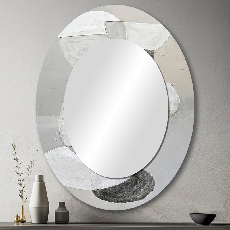 Peinture minimaliste grise simple I - grand miroir mural ovale sur métal, 43 po x 33 po