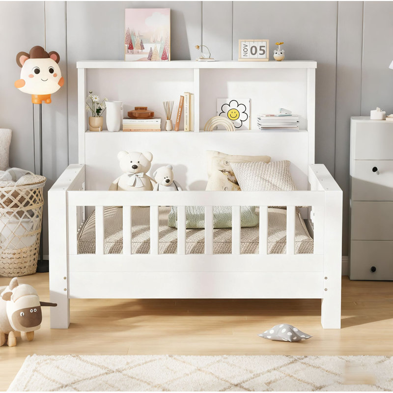 High-Quality Twin Size Platform Bed with Storage Headboard, White