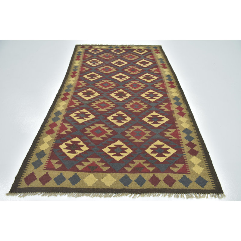 Tapis de zone en laine bourgogne/bleu 5 pi x 8 pi noué la à la main one-of-kind Lorain
