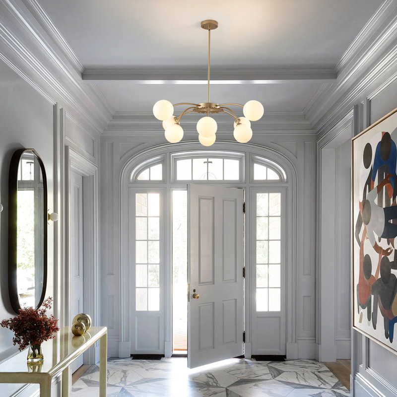 Modern 8-Light Sputnik Gold Chandelier With Milky White Glass Globe Shades, Gold, White