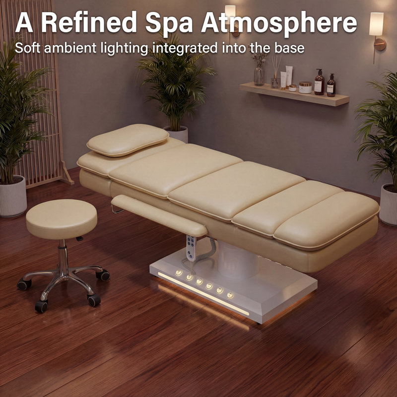 3-Motor Electric Massage Table with Stool, Remote & Foot Control, Adjustable Height, Backrest & Leg Rest, Dual-Layer Cushion, LED Buttons