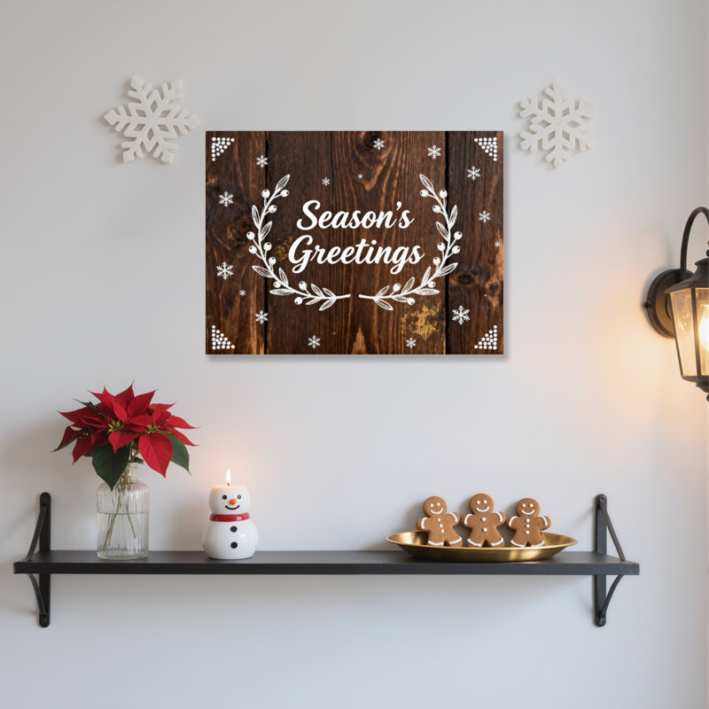 «Seasons Greetings Wreath» et motif de flocons de neige, ensemble de 1 reproduction d'art sur toile tendue sur toile de style rustique
