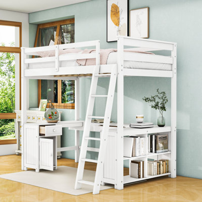 Lit mezzanine en bois avec bureau intégré, tablettes et 2 tiroirs
