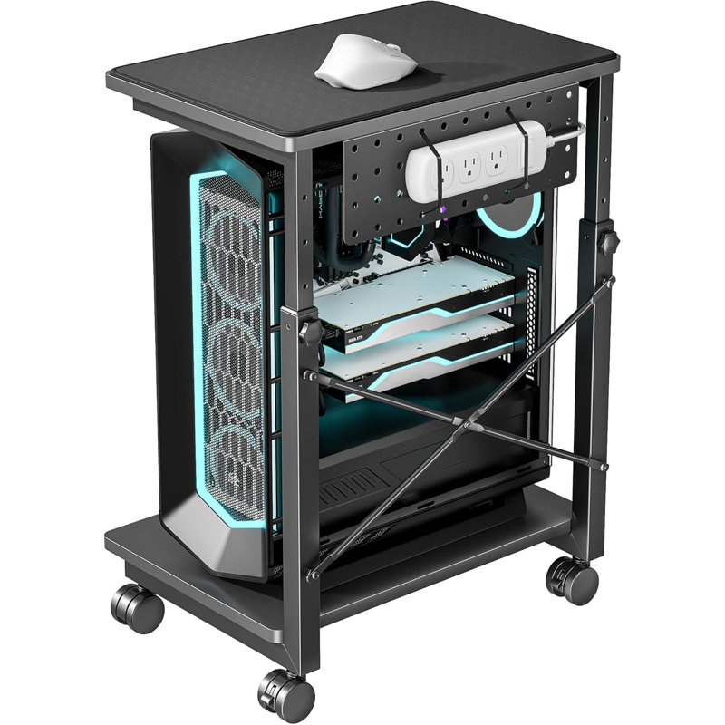 Support pour PC robuste et réglable avec roulettes verrouillables, support à 2 niveaux pour chariot de jeu et de bureau, hauteur ergonomique de 21,7 à 33,5 po, supporte jusqu'à 88 lb par tablette