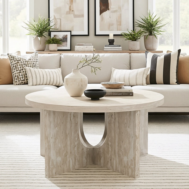 Arvyn Modern 31.5" Cross-Base Round Living Room Coffee Table, Beige