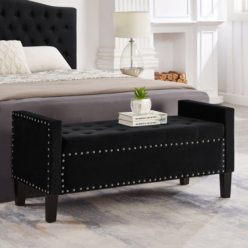 Upholstered Tufted Button Storage Bench With Nails Trim, Black