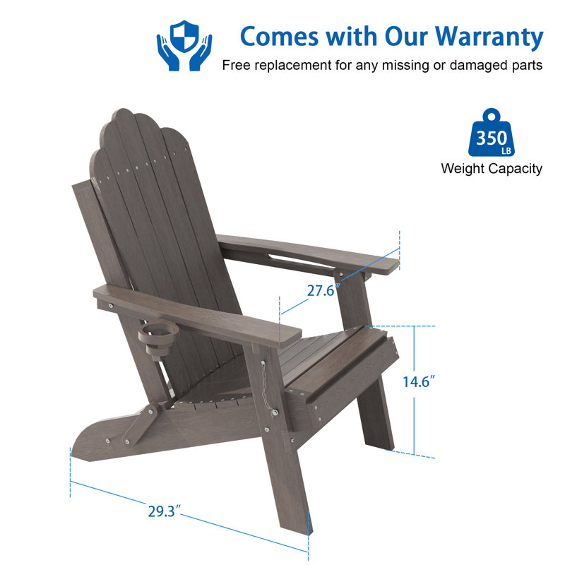 Heavy Duty HDPE Folding Adirondack Chair 350 lbs Capacity, Outdoor Adirondack Chair With Cup Holder for Patio, Lawn and Balcony
