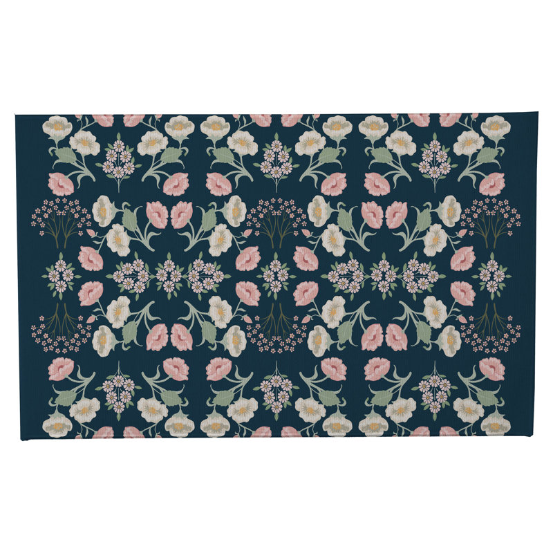 May flowers Non-Skid Bath Mat, 24" L x 17" W, Navy