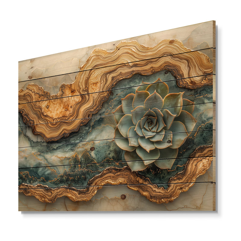 Wooden Succulent Flowers Into The River III - Succulent Wood Wall Art - On Natural Pine Wood, 10" H x 20" W x 0.78" D