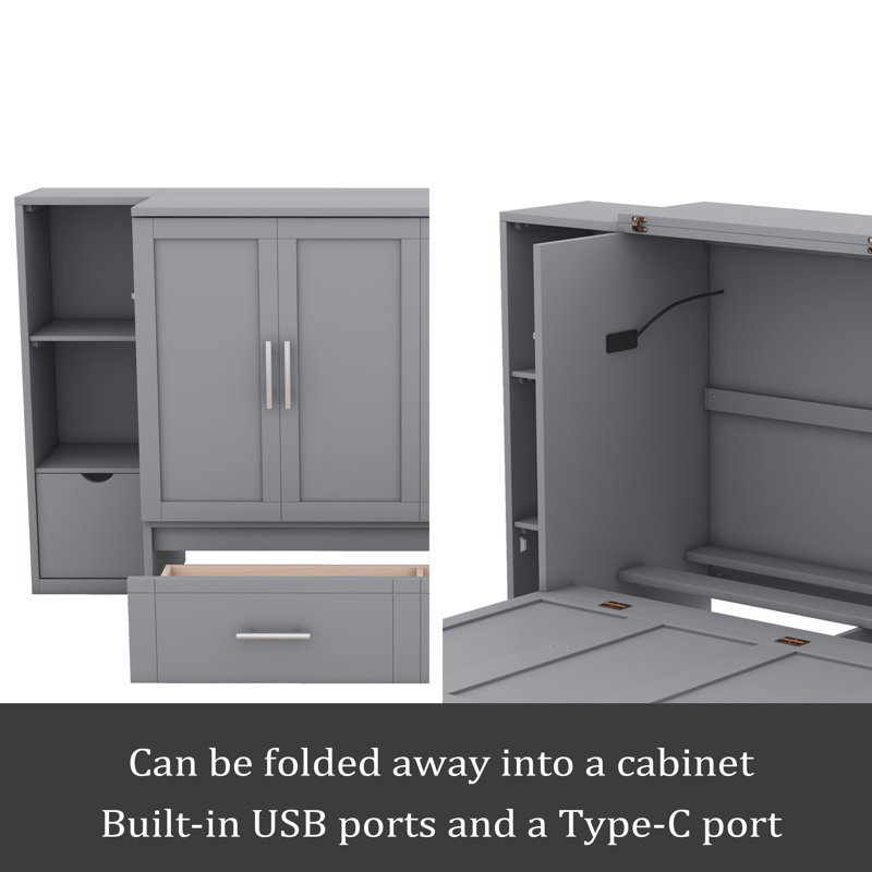 Lit escamotable double avec tablettes, tiroirs et ports USB, Double, Gris