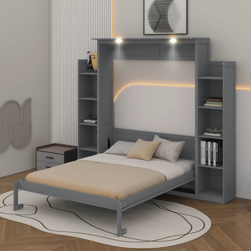 Grand lit escamotable avec tablettes et DEL, Gris