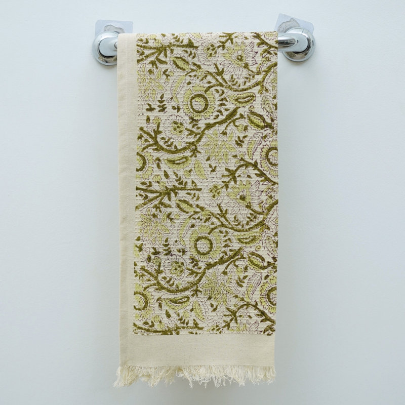 Luxury Floral Hand Block Print Waffle Cotton Hand Towels 17X32 Eco-Friendly, Stylish Home Accessories, Mahima, Light Green