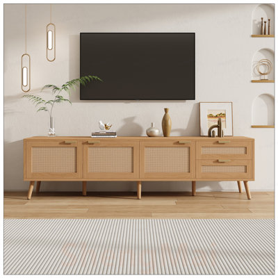 Modern TV Stand with Rattan Doors for TVs up to 80in, Media Console with Storage, 2 Drawers, Cable Holes, Living Room Entertainment Center