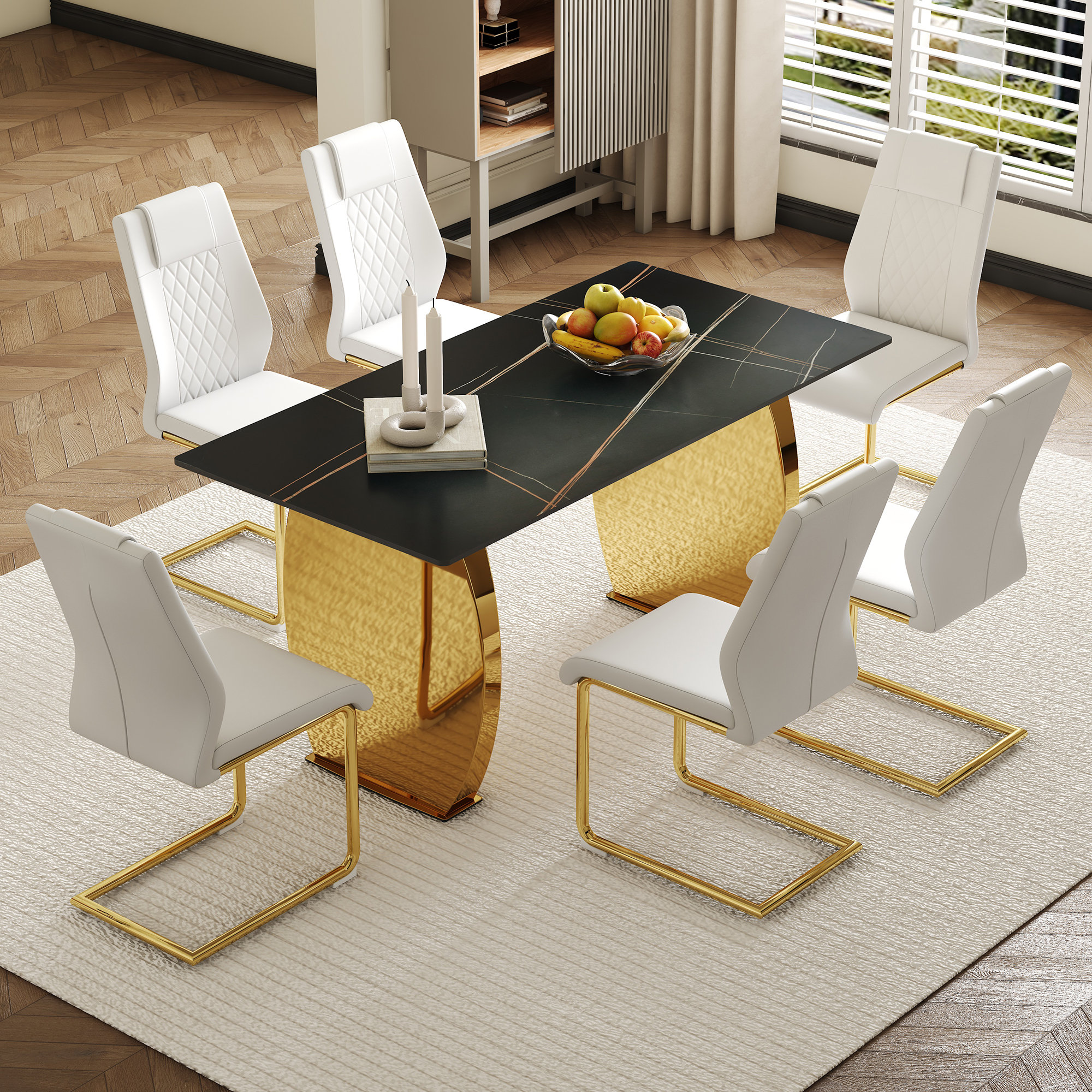 Mercer41 Luxurious Black Grain Sintered Stone Dining Table Set With ...