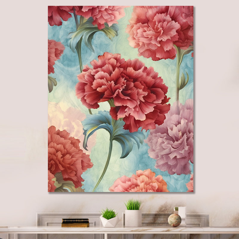 Harmonie des œillets rouges sur toile, H 32 po x l 24 po x P 1 po, Toile tendue