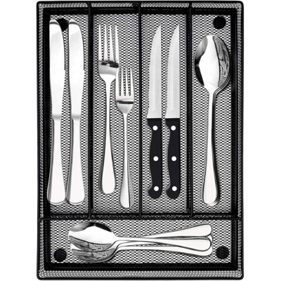 Ensemble de couverts 24 pièces en acier inoxydable pour 4 avec couteaux à steak et organisateur de tiroir, ensemble de coutellerie moderne comprenant fourchettes, cuillères, couteaux, va au lave-vaisselle