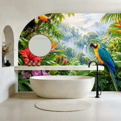Peel and Stick Wallpaper Vibrant Rainforest Colorful Macaw Toucan Amidst Exotic Wall Murals 69"H x 96"W Removable PVC Wall Paper Self-Adhesive Wall Decor for Bedroom Living Room Home Office