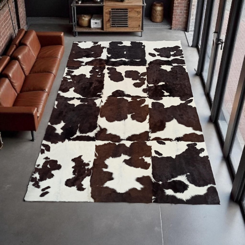 Brown And White Patchwork Cowhide Rug_8.83 X 12 Ft, Rectangle 8'10" x 12'