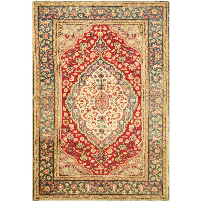 Tapis unique en laine noué à la main des années 1960 de 4 pi 7 po x 6 pi 7 po en jaune / rouge / bleu