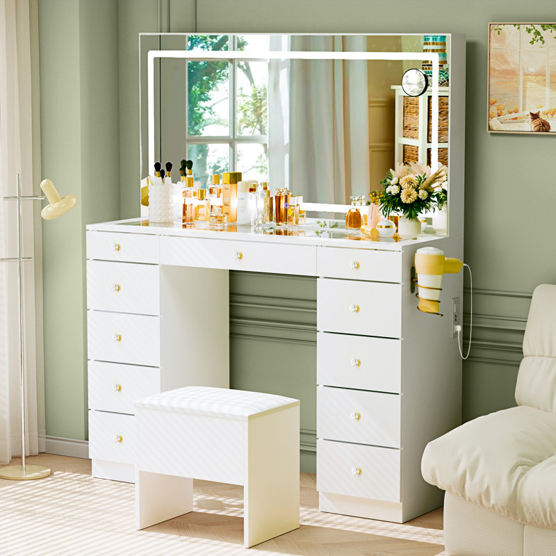 Coiffeuse 11 tiroirs avec miroir lumineux et tabouret de coiffeuse
