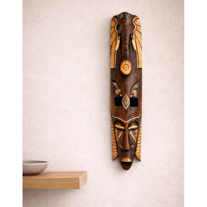 Décoration murale masque d'éléphant tribal africain en bois massif fabriqué à la main - sculpture murale haute sculptée à la main de 40 po de hauteur