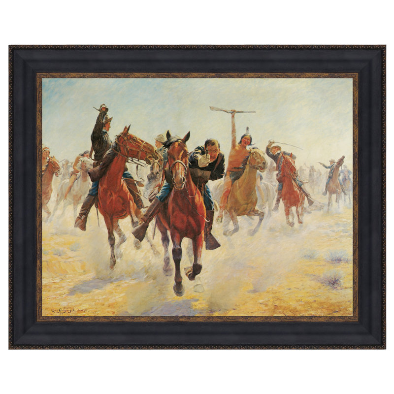 Large Antique Gold Framed Canvas Print with Cavalry Officer