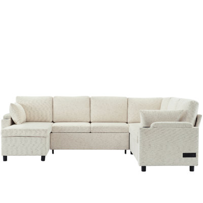109.9" Sectional Sofa Versatile Sofa Bed Sofa Sleeper U-Shaped Sofa With Ample Storage Space, Two Cup Holders And Charging Ports For Living Room, Beige
