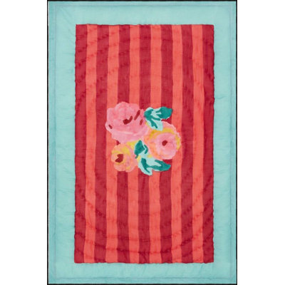 Washable Vertical Striped Red Rose Patterned Multicolor Woven Area Rug