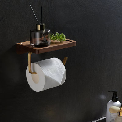 Kissena Modern Brass Toilet Paper Holder with Wooden Shelf