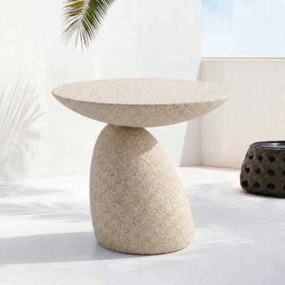 23.6" Round Outdoor Side Table, Faux Stone Sand-Textured Finish, Weather-Resistant Patio Table