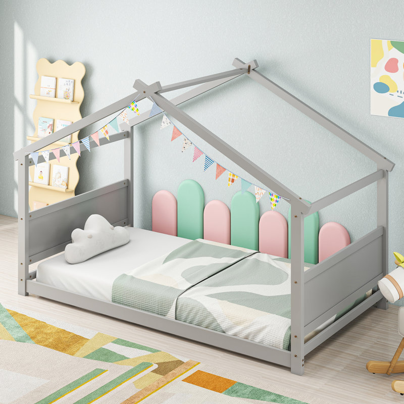 Lit simple à étage, cadre de lit simple en bois avec tête et pied de lit, gris